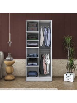 Rani BA171 Gardırop 2 Kapaklı 6 Raflı 2 Askılı Elbise Dolabı Beyaz