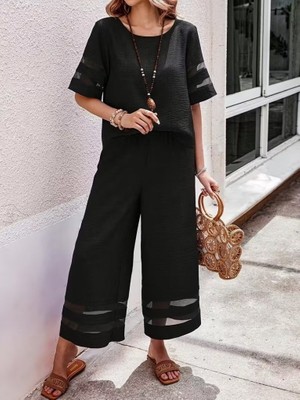 paris store Kadın Kısa Kollu Bisiklet Yakalı Tül Şerit Detaylı Bluz ve Pantolon Ikili Takım