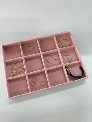 Yerli Süet Kumaş Takı Çekmecesi, 12 Bölmeli, Pembe, 34X24 cm