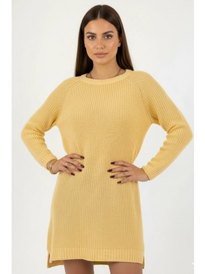 Millionaire Kadın Açık Sarı Civciv Bisiklet Yaka Uzun Tunik Elbise Kalın Örgü Italyan Kol Yırtmaçlı Triko Kazak Açık / M
