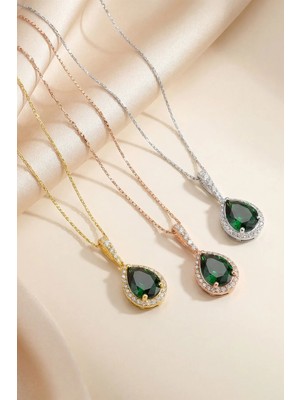 Evas Jewellery 925 Ayar Gümüş Damla Kesim Zümrüt Kolye – Zirkon Taşlı – 14 Ayar Altın & Rose Kaplama
