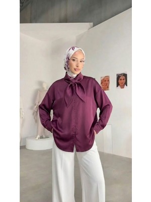 Foremia Yaka Detay Saten Tunik-Mürdüm -