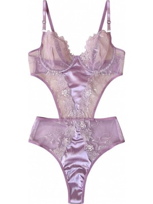 Lila Dantel ve Saten Detaylı Transparan Body 75-B