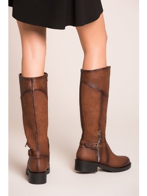 Fox Shoes Taba Kadın Çizme Suni Deri Klasik 3 cm Topuklu Günlük Kullanım İçin Şık Tasarım