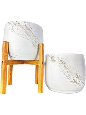 Royal Rain Store Tasarımı Ev Dekorasyon Aksesuar Beyaz Üzeri Gold Mermer Efektli Toprak Saksı Saksılık Salon Çiçeklik Ikili Set Ayaksız - 4 Ayaklı- 19 cm