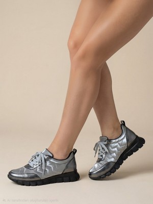 ZOE3tr Kadın Gri Parlak Saten ve Deri Detaylı Düz Taban Bağcıklı Spor Ayakkabı