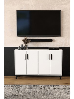 ODESSIA Vıctory Modern Beyaz Tv Ünitesi – 4 Kapaklı Çok Amaçlı Konsol Dolap ,tv Sehpası, Tv Dolap 120 cm