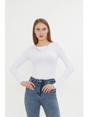 Irmak Kerekli Kadın Kayık Yaka Basic Uzun Kollu Body Likralı Bluz  Viskon Body 160 Beyaz