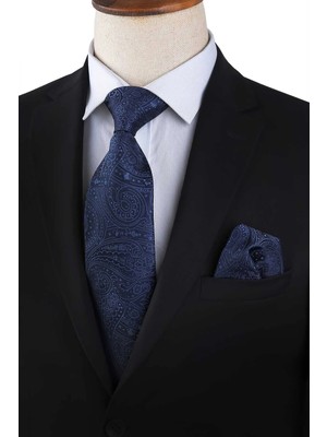 Kravatkolik Lacivert Şal Desen Mendilli Klasik Kravat KK13129