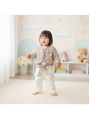 Queen Kids  Kız Bebek Kaputene Ceketli 3'lü Takım Pudra