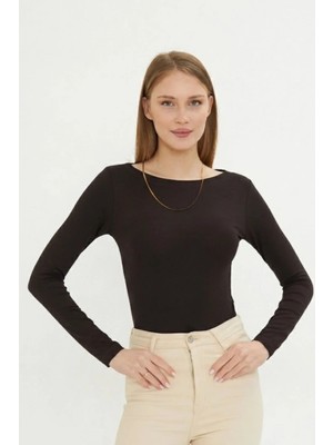 Irmak Kerekli Kadın Kayık Yaka Basic Uzun Kollu Body Likralı Bluz  Viskon Body 160 Kahverengi
