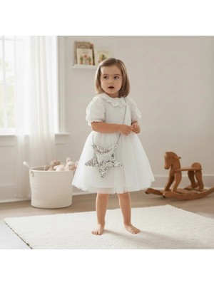 Queen Kids  Kız Çocuk Pullu Çantalı  2'li Elbise Beyaz