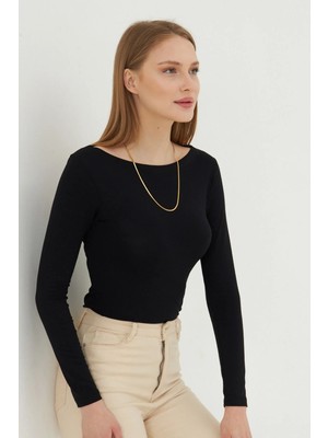 Irmak Kerekli Kadın Kayık Yaka Basic Uzun Kollu Body Likralı Bluz  Viskon Body 160 Siyah