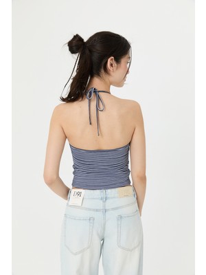Ayma Active Lacivert Çizgili Halter Boyundan Bağlamalı Atlet