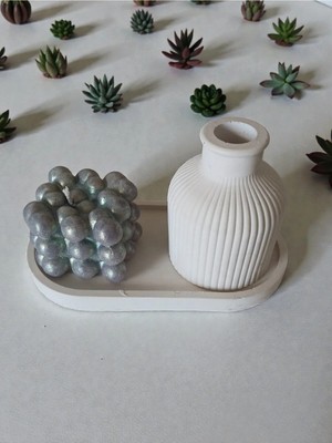 Doğal Dekoratif Set - Bubble Mum, Çizgili Vazo ve Oval Tepsi
