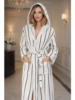 Lunga Vita Lüks Çizgili Kadife Bornoz Unisex Kadın Erkek Bornozu %100 Pamuklu Kapüşonlu