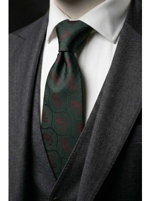 Kravatkolik Klasik Stil Yeşil Şal Desen Mendilli Kravat KK13126 %100 İthal Mikrofiber ile Özel Günlere Uygun