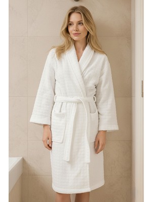 Lunga Vita Lüks Karesoft Desen Triga Beyaz Otel Bornozu Yumuşak Dokulu Bambu Hissiyatlı