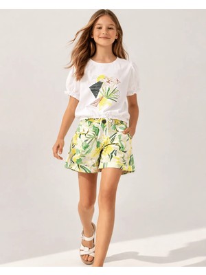 Escabel Kız Çocuk Tropikal Desenli Keten Şortlu İkili Takım Yazlık Kombin