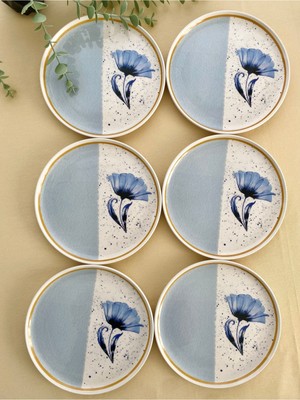 Akrilik Malzemeden 6'lı Mavi Gelincik Desenli Servis ve Pasta Tabağı Seti Modern Tasarım