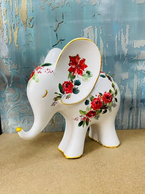 Renkli Fırça Çiçek Desenli Fil Polyester Biblo Hediyelik