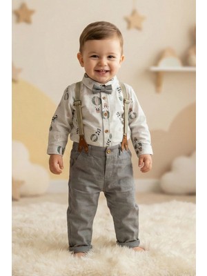 CATTAC Erkek Bebek ve Çocuk Gri Panda ve Balon Desenli Papyonlu ve Askılı 4'lü Takım (6-24 Ay)