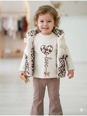 Vavbaby Kız Çocuk Love Nakışlı Leopar Desenli Şişme Yelekli 3 Lü Takım