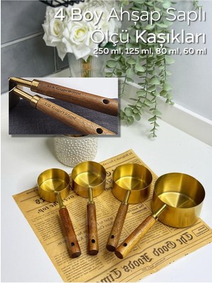4’lü Ahşap Saplı Ölçü Kaşığı Seti, 250/125/80/60 Ml, Dayanıklı ve Şık