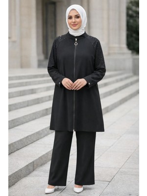 Zg Fashion Kadın Siyah Taşlı Baskılı Boydan Fermuarlı Uzun Kollu Krep Kumaş Pantolonlu Ikili Takım