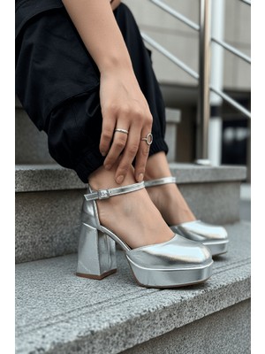 Divolya Serra Gümüş Platform ( 9 cm Topuklu ) Günlük Topuklu Ayakkabı