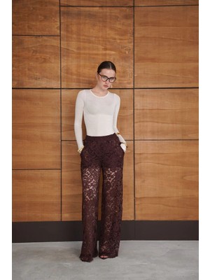 Cemo Kadın Dantel Desenli Yüksek Bel Geniş Paça Pantolon
