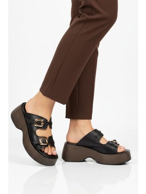 Ayakmod Siyah Çift Bantlı Kadın Topuklu Terlik 322183 Z