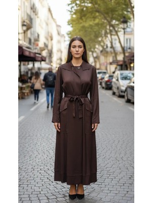 Misswhence Cep Detaylı Kapüşonlu Chanel Keten Pardesü 39504 Kahve