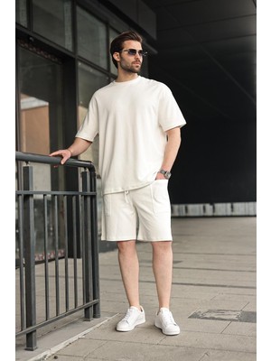 Madmext Ekru Bisiklet Yaka Oversize Erkek Şort T-Shirt Takım E7355