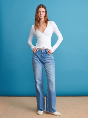 72048 Kırıklı Kumaş Wideleg Denim Pantolon-Açık Mavi