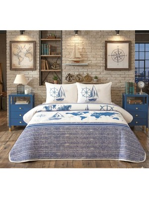 Taç Yeni Sezon Genç Modası Queen Size ( 120 x 200 Lastikli) Pike Takımı Nerıel Lacıvert