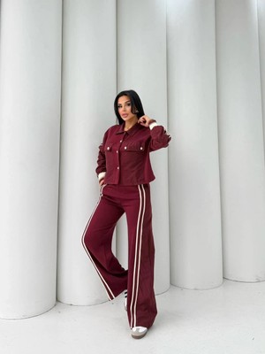 Cemo Kadın Şerit Detaylı Geniş Paça Pantolon ve Ceket Takım