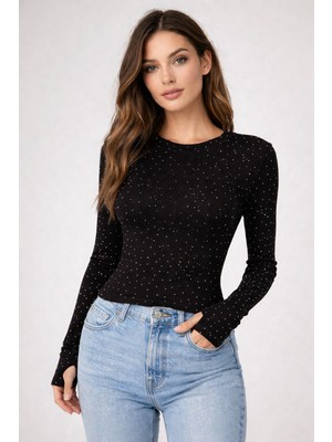 Kadın Taşlı Parmak Detaylı Uzun Kollu Likralı Body ( Ital Kumaş )