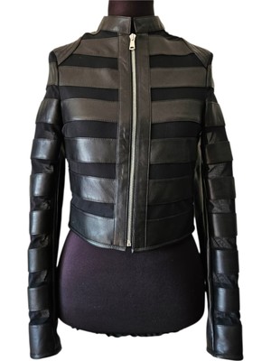 Asus Deri - Siyah Hakiki Deri Şeritli Transparan Kadın Ceket