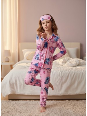 Lillypicca Kız Çocuk Panda Desenli Düğmeli Pamuklu Pijama Takımı + Göz Bant Dahil