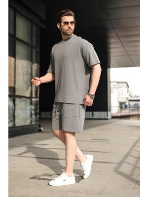 Madmext Füme Bisiklet Yaka Oversize Erkek Şort T-Shirt Takım E7355