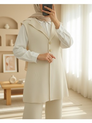 Modamorfo Düğmeli V Yaka Yelek Pantolon Triko Takım -Krem