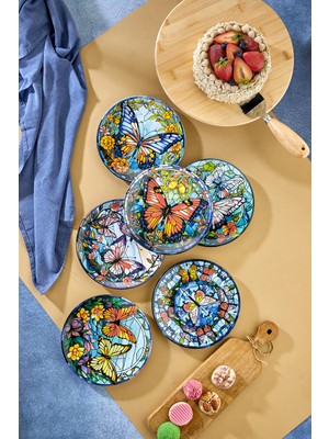 Şık 6'lı Kelebek Desenli Pasta ve Tatlı Tabağı Takımı (20 Cm)