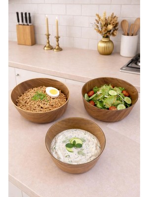 3’lü Ahşap Görünümlü Yuvarlak Kase Seti, Çok Amaçlı ve Şık Tasarım