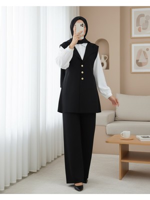 Modamorfo Düğmeli V Yaka Yelek Pantolon Triko Takım -Siyah