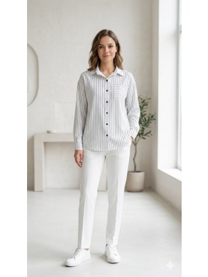 ruhaay Kadın Rahat Kesim Çizgili Cepli Gömlek Yaka Uzun Kollu