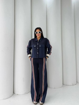 Cemo Kadın Şerit Detaylı Geniş Paça Pantolon ve Ceket Takım