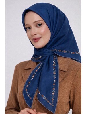 Bonjela Soft Eşarp Minimal Çiçek Desen Indigo Mavi