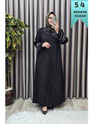 Elmas Tesettür Kadın Giyim Büyük Beden Süet Tam Boy Istiridye Taşlı Pardesü