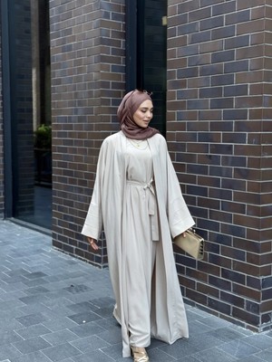 Ikili Abaya Takım Krep Kumaş Jile Elbise Kaftan Kuşak
